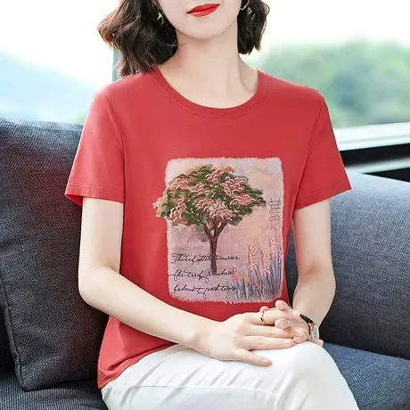 大码体恤衫中年妈妈装女夏季重工刺绣肥大宽松版纯棉短袖t恤上衣商品大图