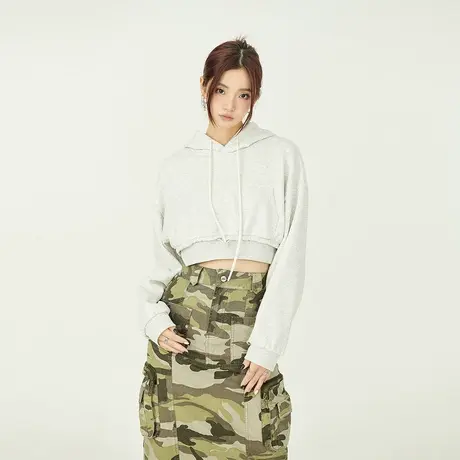 2024新款短款灰色连帽卫衣女春秋薄款设计感小众宽松长袖上衣ins商品大图