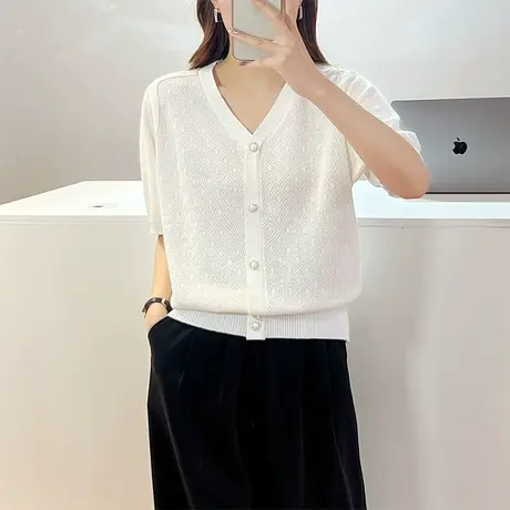 纯色薄款针织衫女2023年秋新款韩版v领宽松简约洋气短袖上衣外穿商品大图