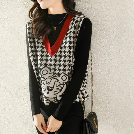 千鸟格针织衫马甲女毛衣背心春秋季坎肩内搭马夹卡通外穿无袖上衣图片