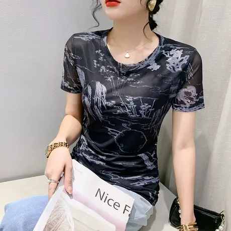 欧货性感网纱短袖T恤女夏季漂亮气质印花小衫时尚圆领修身上衣ins商品大图