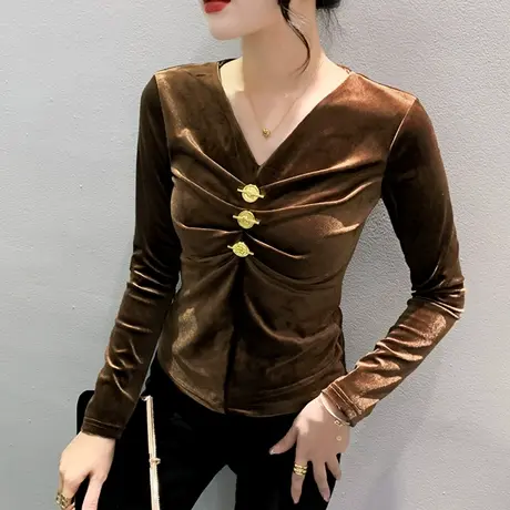 2024秋装新款性感V领长袖T恤女高级感内搭丝绒上衣气质修身打底衫商品大图