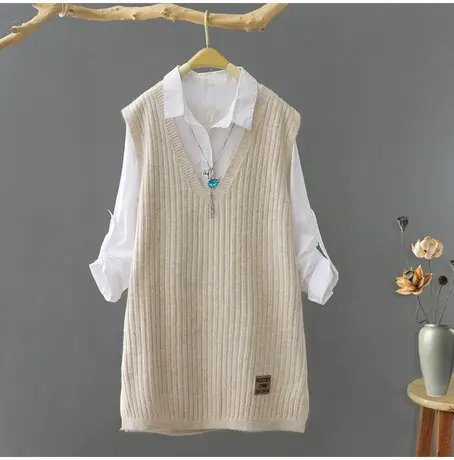中长款纯色马甲V领针织背心裙马夹女装文艺范毛背心春秋新款宽松图片
