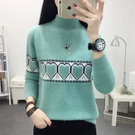 加厚水貂绒女士毛衣2023年秋冬新款拼色内搭半高领针织打底衫外穿商品大图