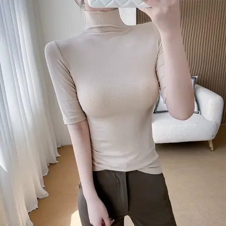 莫代尔螺纹半高领中袖t恤女五分袖百搭修身高领体恤内搭外穿小众商品大图