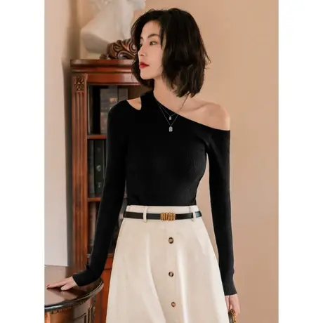 弥古黑色长袖露肩针织衫小众法式挖肩斜肩上衣女春秋打底修身内搭商品大图