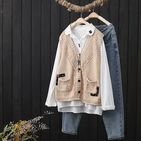 春季2023年新款复古贴布棉线针织开衫马甲女V领宽松马夹坎肩背心商品大图