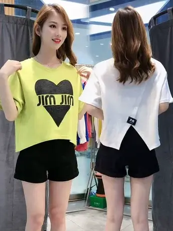 小个子短袖T恤女2023夏季新款宽松百搭圆领设计感不规则开叉上衣商品大图