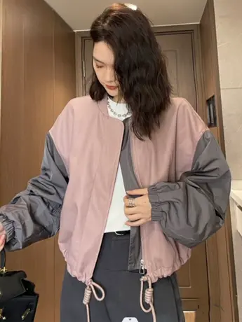 2023春装新款宽松显瘦时尚皮衣撞色圆领袖子拉链棒球服皮夹克外套商品大图