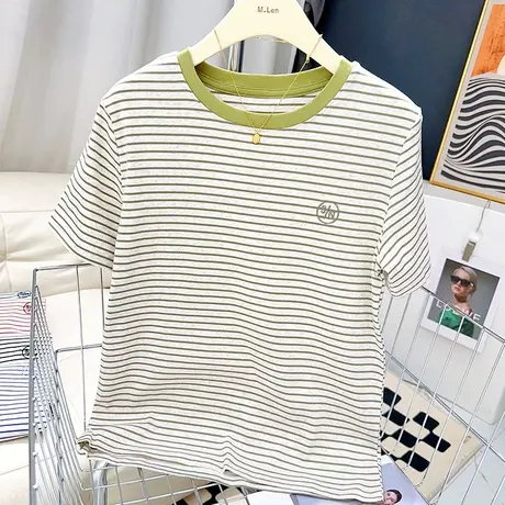小个子正肩修身短袖T恤衫夏款牛油果绿色条纹上衣韩国东大门纯棉图片
