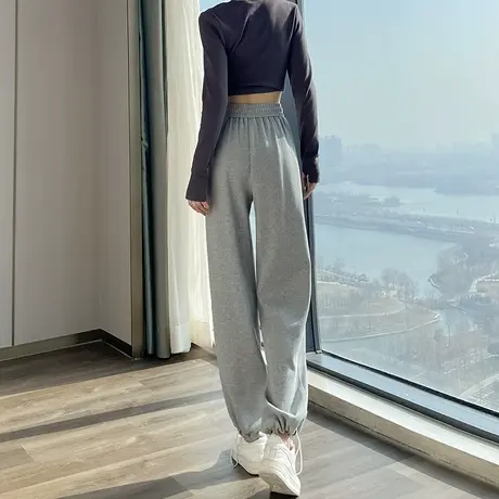 美式灰色运动裤子女春秋款2023新款束脚高腰休闲卫裤小个子阔腿裤商品大图