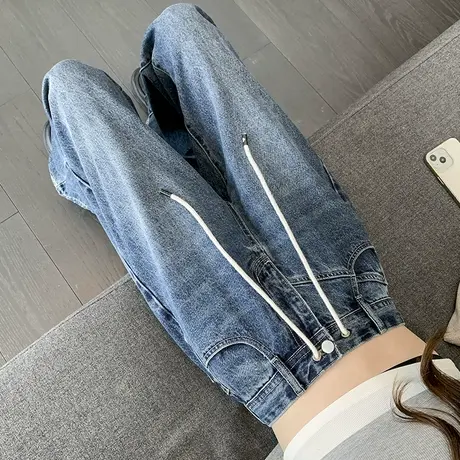 阔腿牛仔裤女2023年春季新款抽绳高腰显瘦百搭宽松垂感拖地裤子潮商品大图