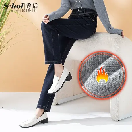 秀后小个子窄版直筒牛仔裤女冬季薄绒烟管裤高腰九分法棍裤深蓝色图片