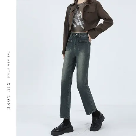 灰色高腰直筒加绒牛仔裤女秋冬2023新款郑州显瘦阔腿小个子烟管裤图片