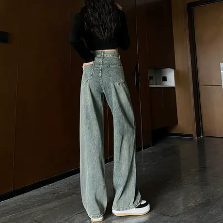 复古牛仔裤女2023年秋季新款高腰窄版宽松直筒裤垂感阔腿拖地裤潮商品大图