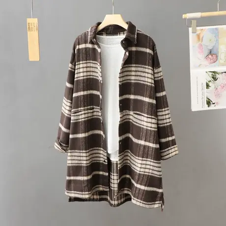 长款加厚磨毛格子衬衫外套女秋冬大码宽松设计感复古长袖上衣外套图片