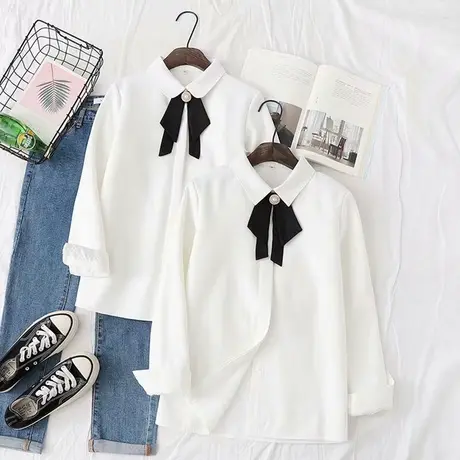 学生百搭蝴蝶结系带白色雪纺加绒衬衫女长袖保暖冬装新款加厚衬衣图片