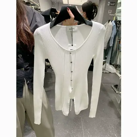 欧洲站2023春季新款韩版设计感修身螺纹开衩针织上衣百搭显瘦小衫商品大图