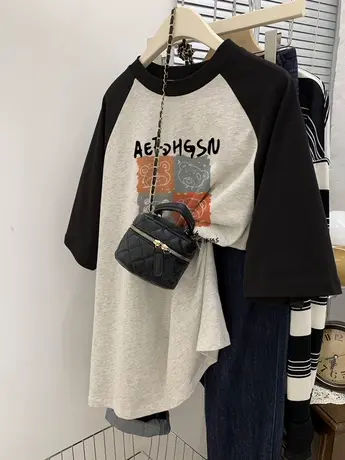 短袖t恤女大码纯棉hiphop潮牌插肩袖正肩ins潮夏季复古街头风上衣商品大图