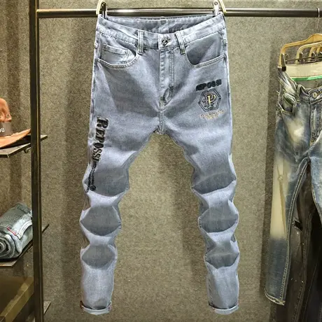 蓝灰色轻奢弹力牛仔裤男夏季修身小脚裤潮牌欧货刺绣潮流百搭长裤商品大图