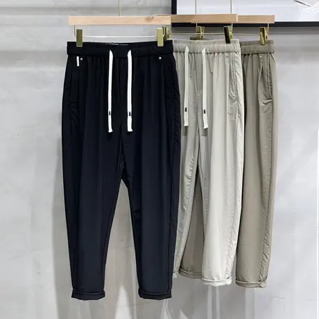 夏季潮牌纯色休闲冰丝裤男士潮流宽松时尚直筒九分裤新款哈伦裤商品大图