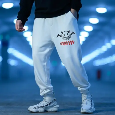 加肥加大码九分束脚裤子加绒恶魔印花运动长裤胖子男装篮球卫裤潮图片