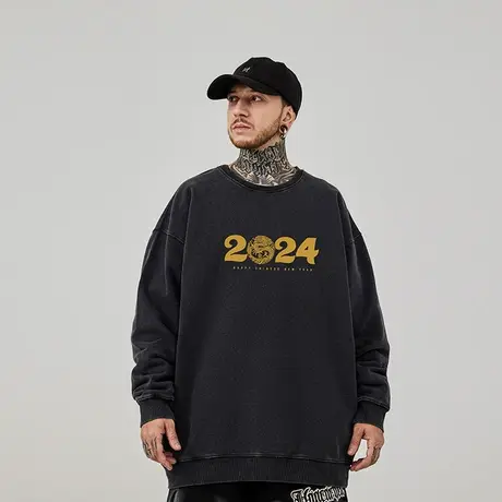 2024龙年加肥加大码圆领重磅复古胖子男装宽松水洗做旧卫衣春秋季商品大图