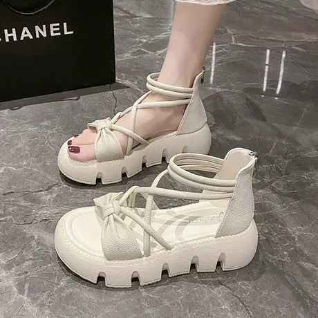 凉鞋女夏2023新款外穿厚底平底软底百搭罗马风蝴蝶结露趾学生鞋图片