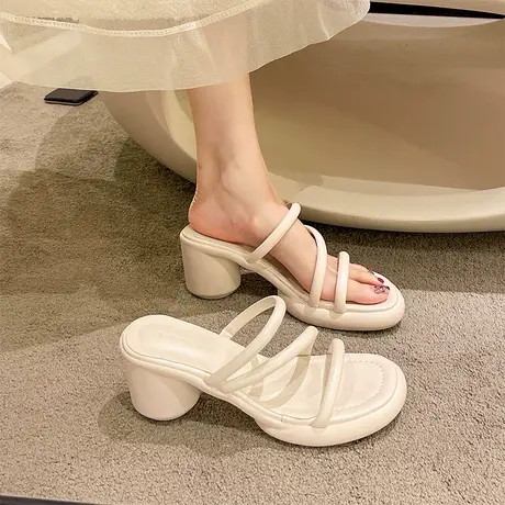 粗跟凉拖鞋女夏季外穿2024年新款防滑仙女配裙子一字带高跟鞋半拖商品大图