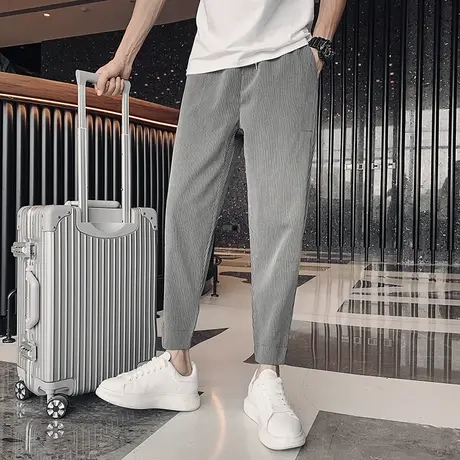 条纹男裤2023秋冬新款弹力修身小脚休闲西裤潮流痞帅九分哈伦长裤图片