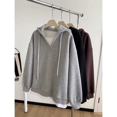 假两件连帽卫衣女设计感小众秋冬装加绒加厚宽松休闲百搭外套上衣商品大图