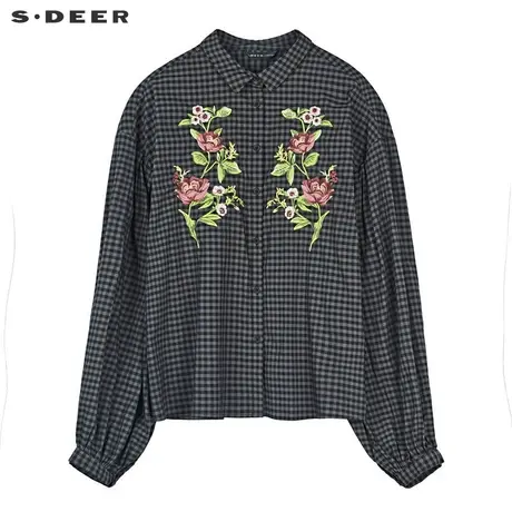 sdeer圣迪奥复古翻领对称绣花撞色格纹落肩袖衬S19180534图片