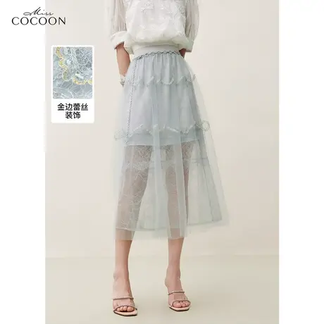 miss COCOON蕾丝网纱半身裙女2023夏装新款时尚高腰中长款a字裙子图片