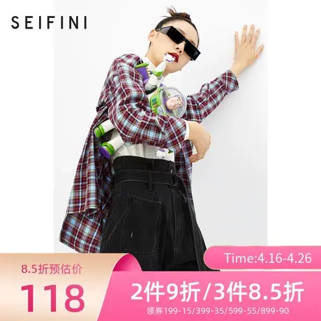 诗凡黎新品衬衫女春秋长袖时尚格纹格子卡通图案上衣3BA623651🉐图片