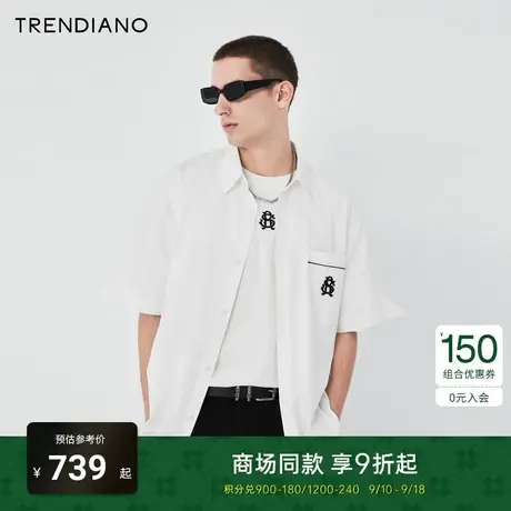 【字母徽章】TRENDIANO轻奢短袖白衬衫2023夏款刺绣尖领纯棉衬衣商品大图