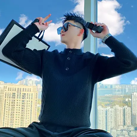 毛衣男冬季新款潮牌轻熟休闲设计感重磅加厚半高领针织衫POLO衫商品大图