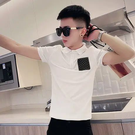 夏季男polo衫t恤短袖修身翻领明线格子口袋半袖潮流潮牌时尚体恤商品大图