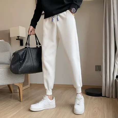 冬季纯色卫裤白色加绒厚裤子2023新款男裤痞帅ins束脚休闲运动裤商品大图