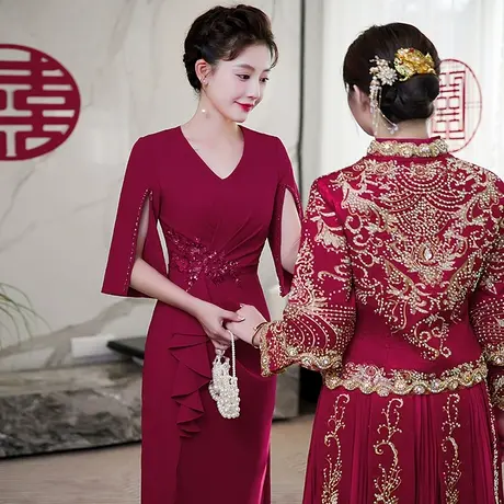 喜婆婆红色婚宴装晚礼服高端结婚年轻妈妈十一婚礼高贵气质连衣裙图片
