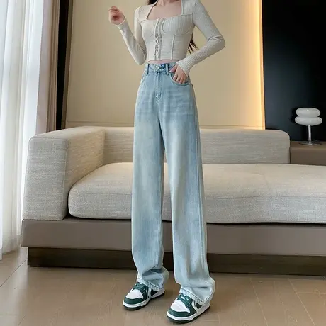浅色牛仔裤女春秋季2024新款高腰直筒宽松垂感显瘦阔腿裤拖地长裤商品大图