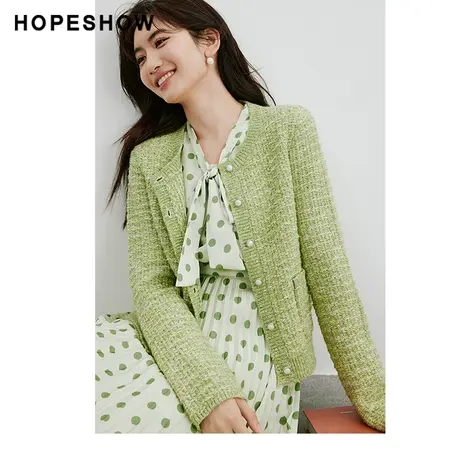红袖温柔香风圆领薄款针织衫hopeshow2024春季新款单排扣毛衣外套图片