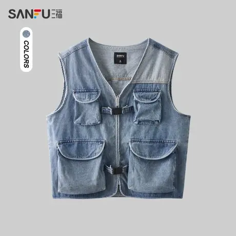 三福2024春季男士机能牛仔马甲 街头潮流V领宽肩上衣男482452图片