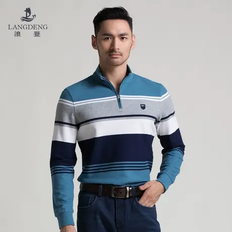 浪登男士纯棉半高拉链领长袖T恤2023秋冬条纹撞色亲肤舒适打底衫商品大图