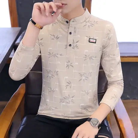 港士博春秋季男士长袖T恤修身打底衫潮流立领POLO衫青年男装衣服商品大图