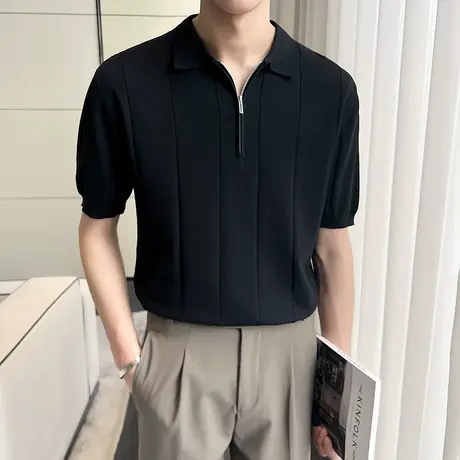 针织POLO衫夏季纯色简约百搭ins半拉链短袖T恤条纹轻熟风半袖T恤商品大图