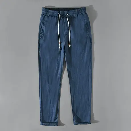 纯亚麻休闲裤男春秋季蓝色新款宽松小脚裤男士长裤抽绳垂感裤子潮商品大图