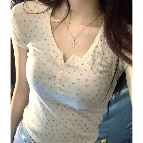 夏季新款美式小清新圆领碎花三粒扣bm高腰纯棉修身短袖t恤女ins潮商品大图