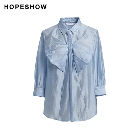红袖时尚蝴蝶结单排扣翻领衬衫hopeshow2024夏季新款中袖蓝色上衣商品大图