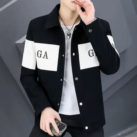 翻领拼接撞色外套男韩版潮流灯芯绒夹克春秋季休闲男装ifashion图片