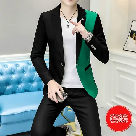 西服套装男士韩版潮流拼色礼服春秋季痞帅气修身小西装外套三件套商品大图